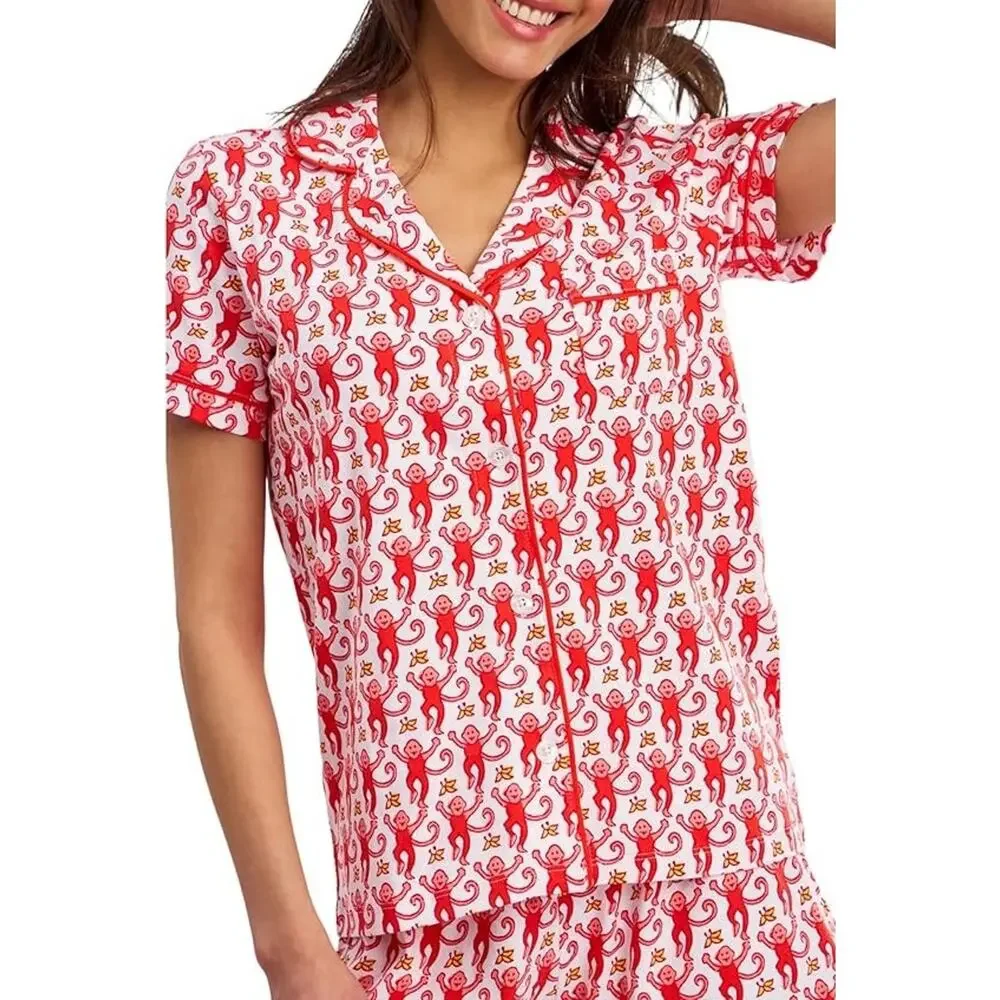 Women Y2k Pajamas Set Cute Preppy 2PCS Button Down Holiday Monkey Shorts Summer - Picture 3 of 5
